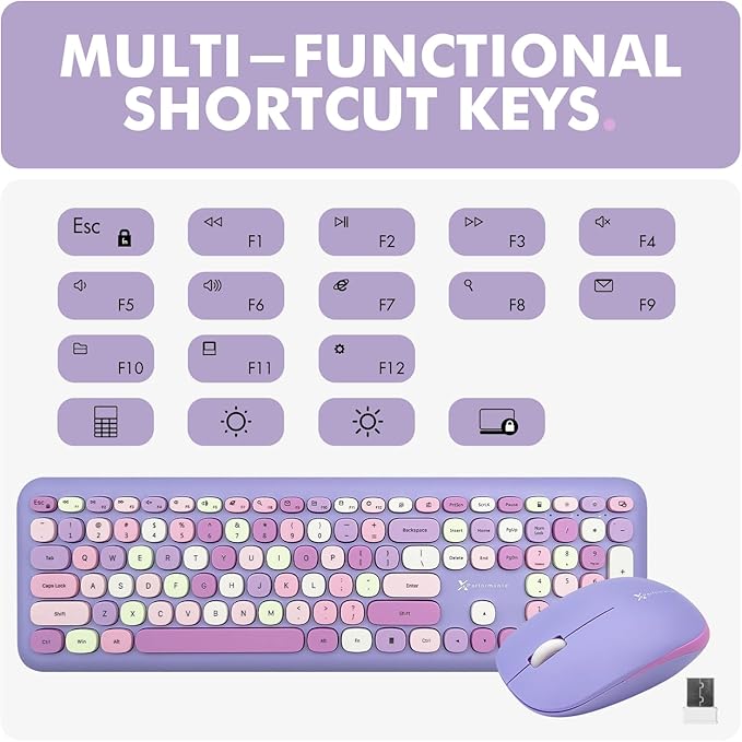 X9 Purple Wireless Keyboard and Mouse Combo - 2.4G Full Size Colorful Keyboard and Mouse Wireless - Cute and Aesthetic Retro Typewriter Combo for PC Computer Desktop and Laptop.