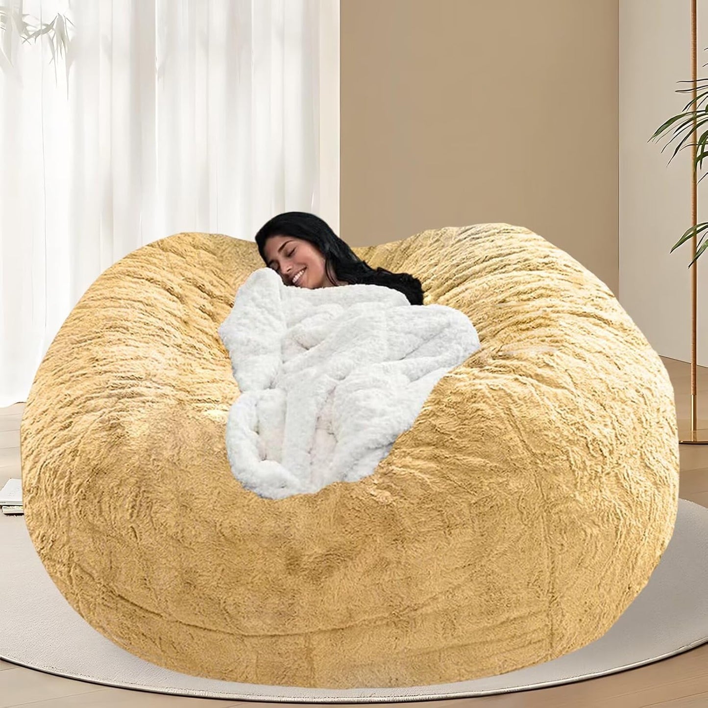 BCU Oversized Bean Bag Cover Comfy Beanbag Chair for Adults Without Filler Faux Fur Floor Chair Lazy Sofa Cover Comfy for Living Room Chairs, Lemon Yellow, 5FT