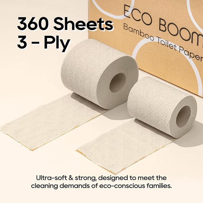 ECO BOOM Toilet Paper 100% Bamboo 3-Ply, Tree Free & Chemical Free Packaging, 24 mega Rolls, 360 Sheets｜PFAS Free, BPA Free, Septic Safe & FSC Certified