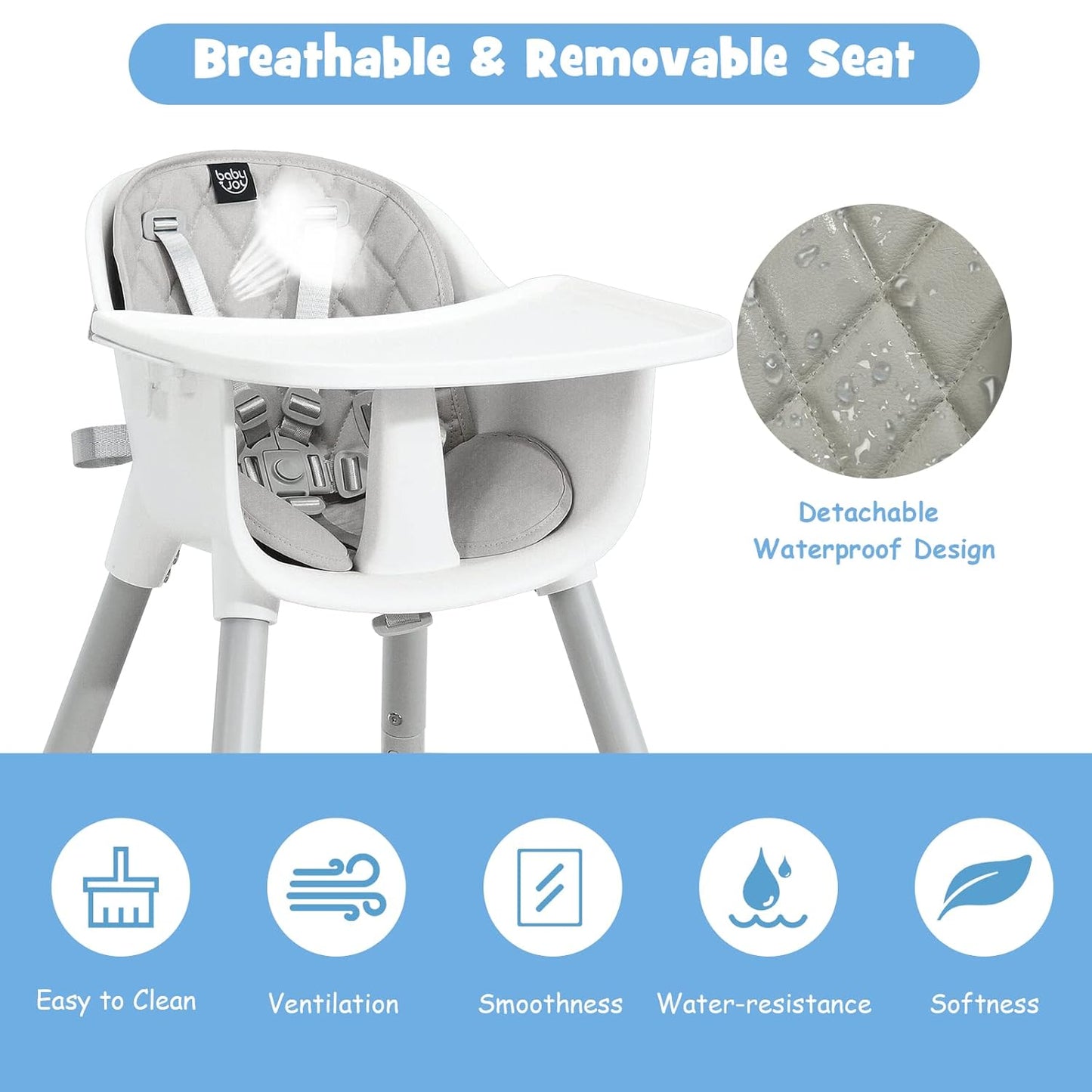 BABY JOY High Chair, 5 in 1 Convertible Highchair for Babies & Toddlers | Booster Seat | Table and Chair Set | Infant Feeding Chair with Removable Tray, Safety Harness, Removable Cushion (Gray)