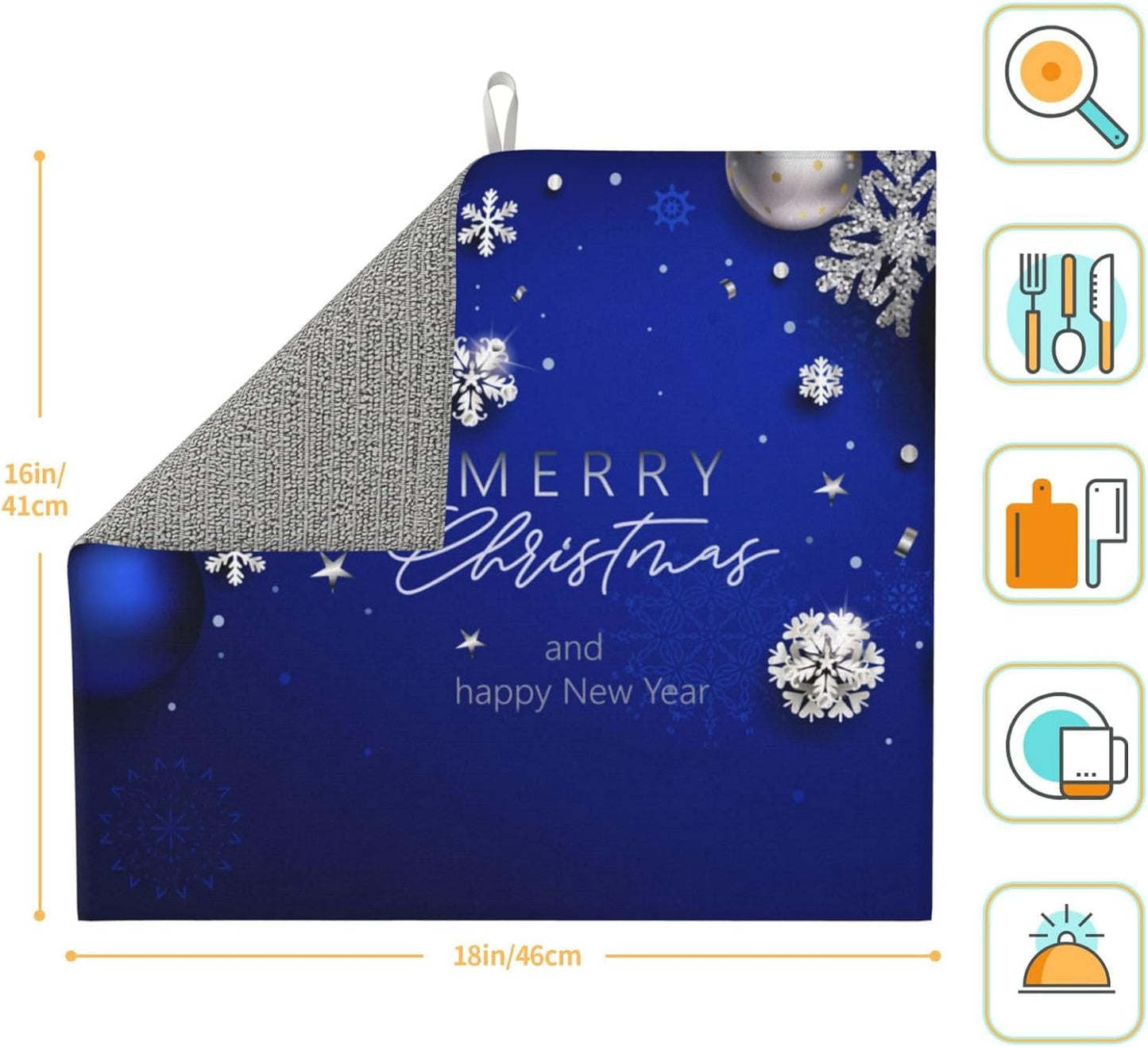 Dish Drying Mat Christmas Blue Ball Fir Branch Snowflake for Kitchen Counter Absorbent 16x18 Inch Microfiber Dishes Plate Glass Dry Draining Pad Reversible Washable