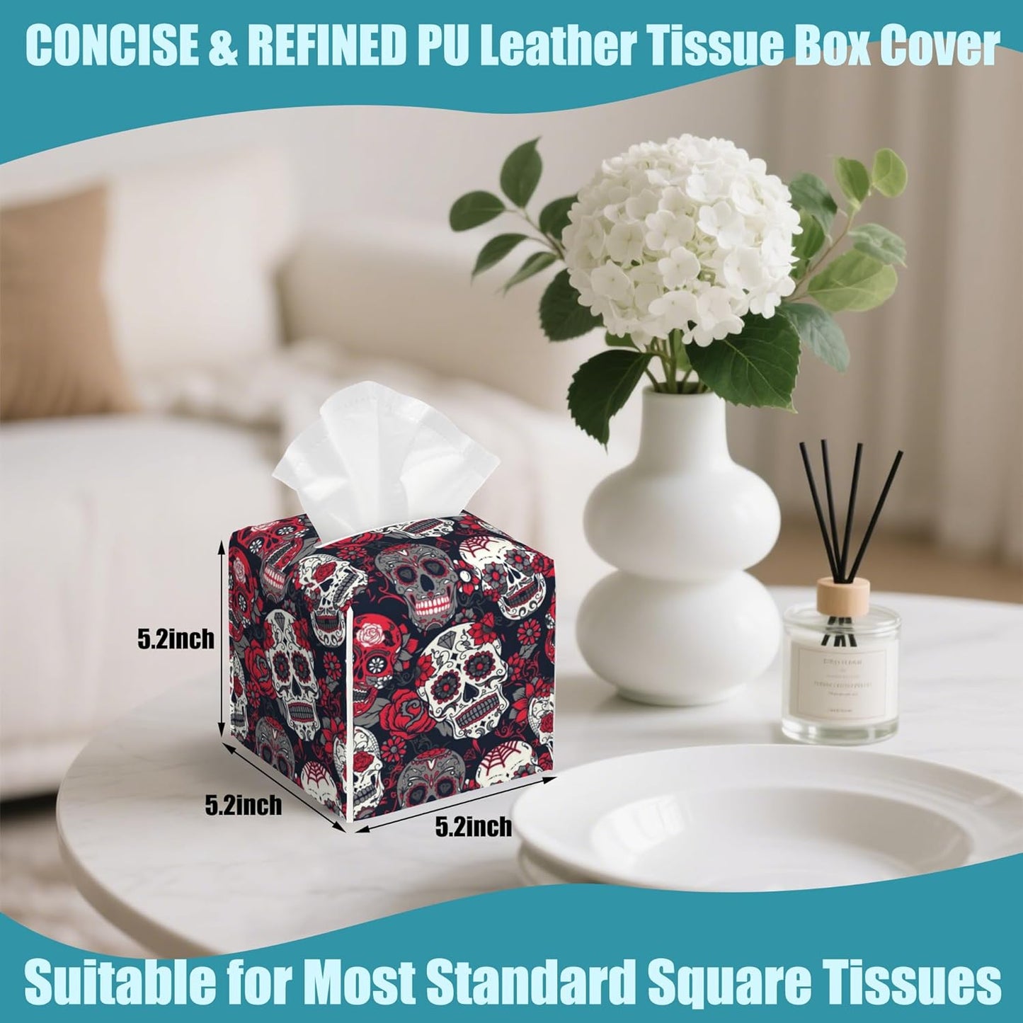 Colorful Sugar Skull Leather Tissue Holder,Red Roses Floral Square Tissue Box Cover,Modern Decorative Facial Tissue Paper Cover for Car Bedroom Vanity Desk Office Table Top,5.2" x 5.2" x 5.2"