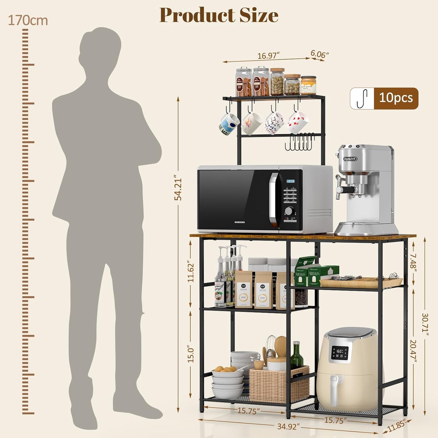 Baker's Rack for Kitchen with Storage, Microwave Stand with Adjustable Shelves and 10 S Hooks, 6-Tier Coffee Bar Station, Kitchen Shelves for Spices, Pots, Rustic Brown
