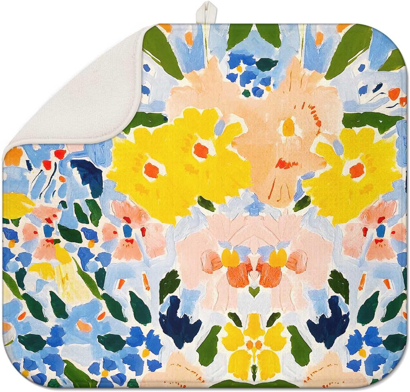 Blue and Yellow Floral Large Dish Drying Mats, Reversible Dish Drying Pads for Kitchen Counter Foldable and Stored in a Drawer,18"x24" Extra Large Draining Mat Protect for Kitchen,Bar Counter