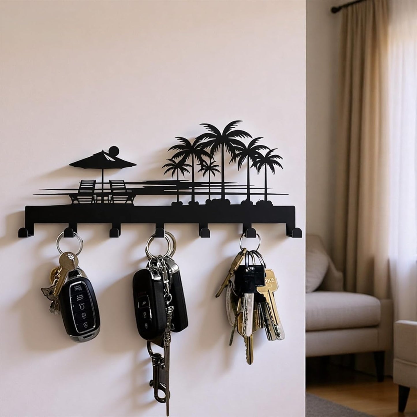 Bench Key Holder for Wall,Setting Sun and Coconut Trees Key Hooks Wall Mount Whith 7 Hooks,Tropical Style Key Hanger Wall Decor for Front Door,Hallway,Entryway,Office