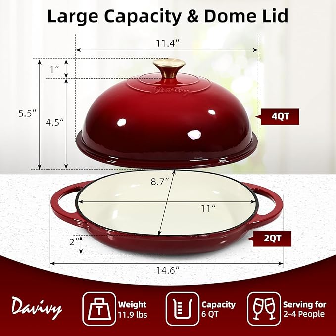 Davivy 6QT Oval Bread Dutch Oven with Silicone Baking Mat, Enameled Cast Iron Dutch Oven for Sourdough Bread Baking 6QT, Cast Iron Sourdough Bread Pan with Domed Lid - Ruby Red