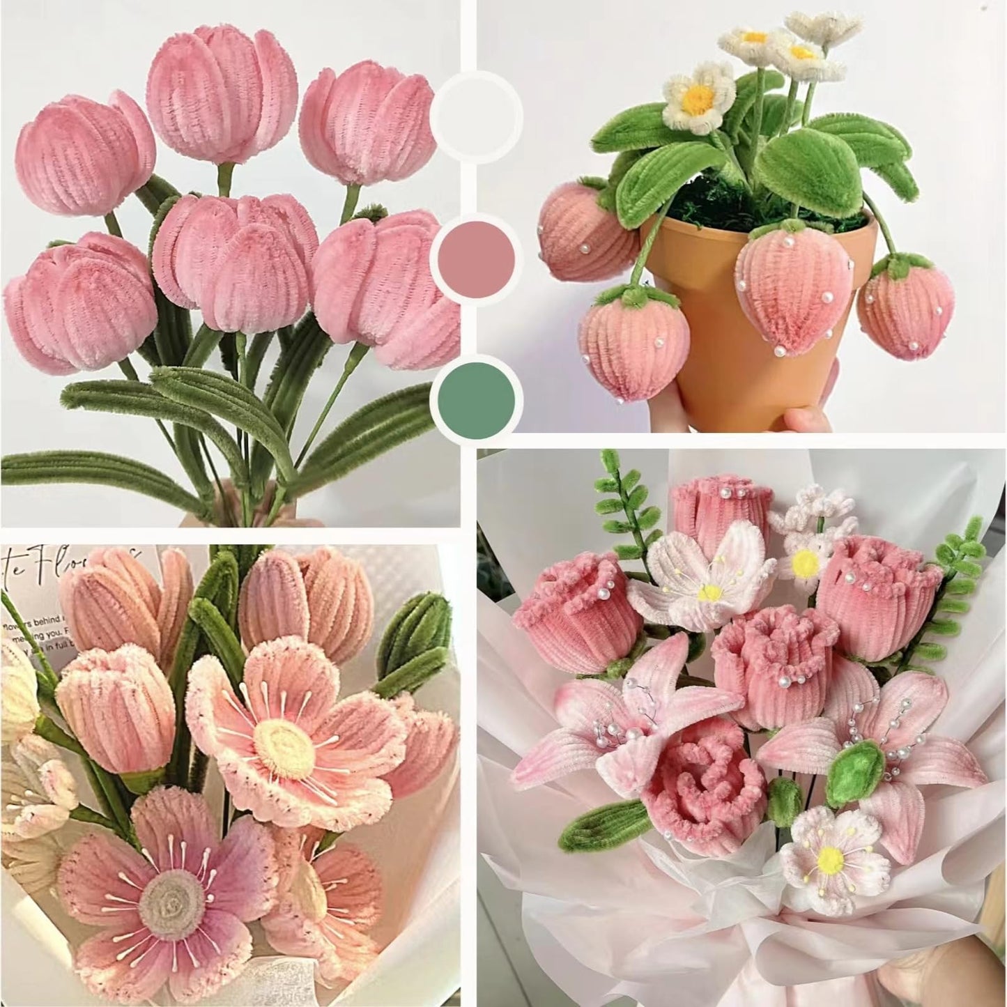 Dark Pink Pipe Cleaner Kit with 150 Pcs Pipe Cleaners Colourful in 2 Colours（Dark Pink,Green,8 Pcs Green Floral Wire,40 Pearls,40 Stamen,Floral Tape,Flower Wrapping Paper and Ribbon