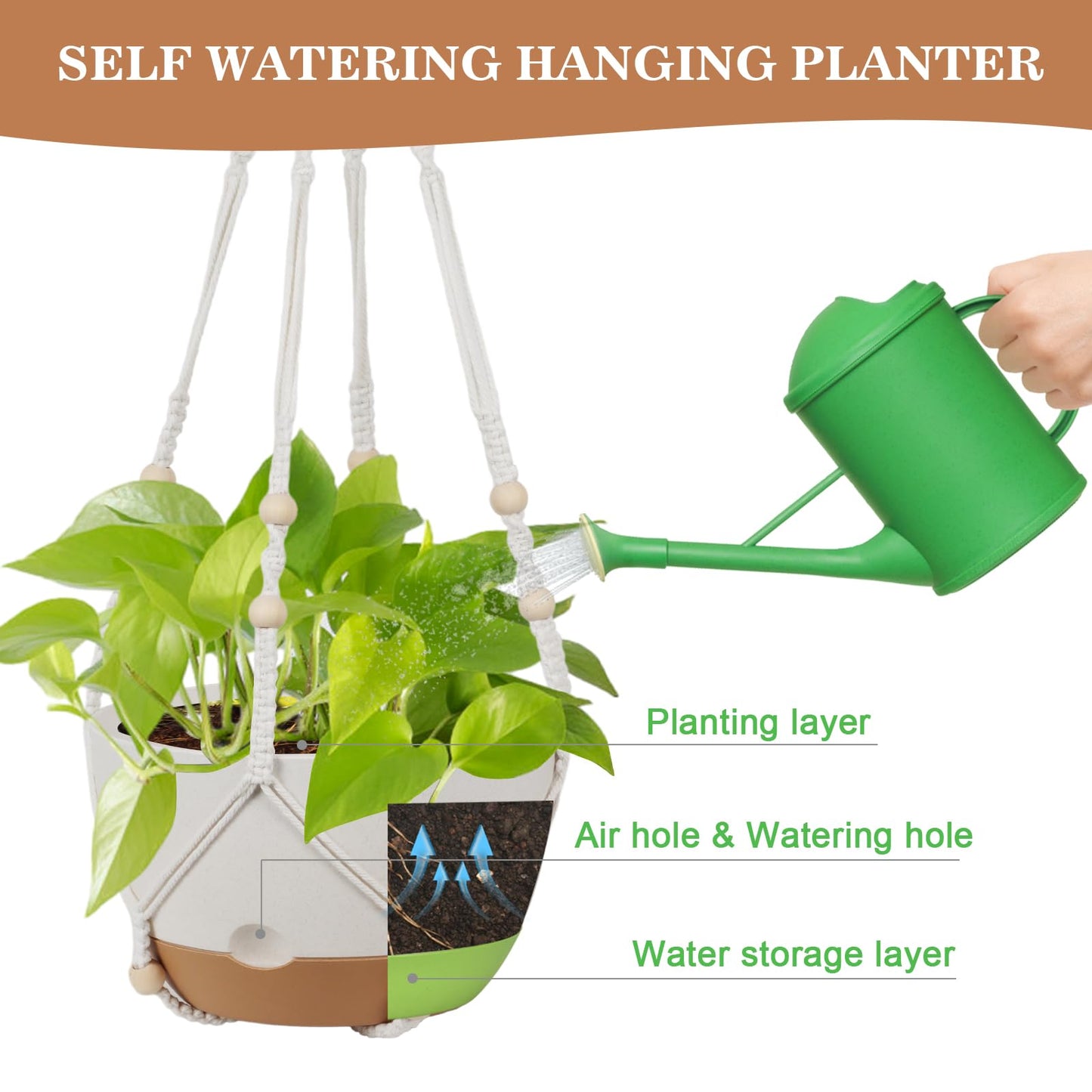 3 Pack Hanging Planters for Indoor Plants, 10 + 10 + 8 Inch Self-Watering Hanging Plant Pot, Macrame Plant Hanger with Pot, Ceiling Hooks, Removable Saucer and Drainage Holes for Garden Home - White