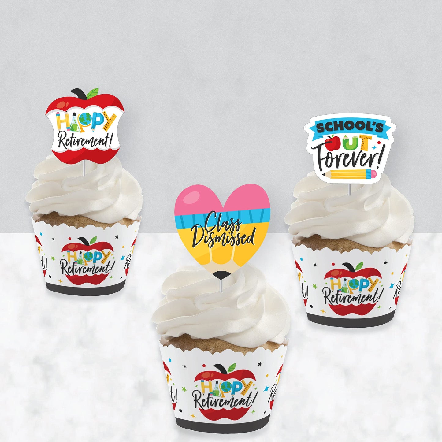 Big Dot of Happiness Teacher Retirement - Cupcake Decoration - Happy Retirement Party Cupcake Wrappers and Treat Picks Kit - Set of 24