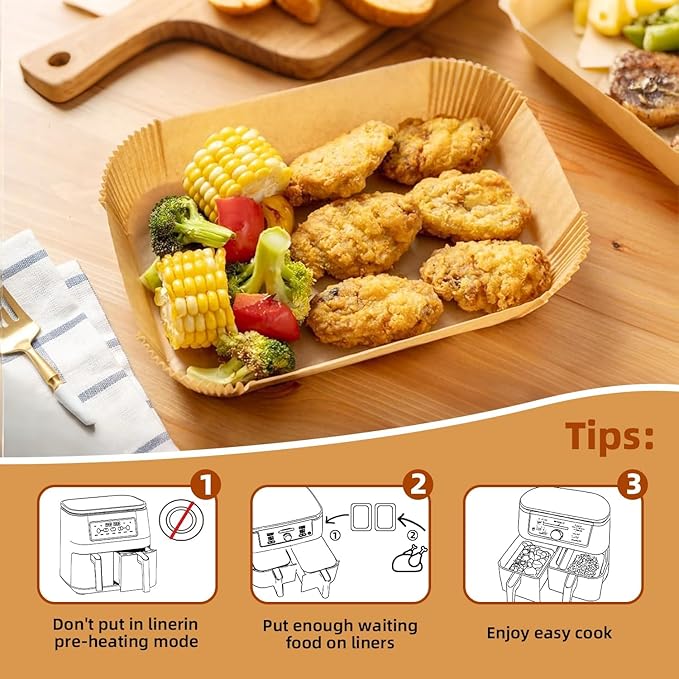 HONYAO Air Fryer Paper Liners for Dual Zone Airfryer, 200pcs 8.1x5.5 inch Rectangle Disposable Inserts for Ninja Foodi DZ201 DZ401 DZ550 other 8-10 qt 2-Basket Air Fryers, Food Grade BPA Free