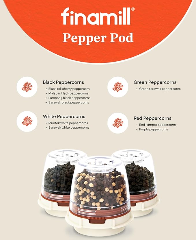 FinaMill Classic Battery Spice Mill – Battery Operated Salt and Pepper Grinder Set, Includes 2 Interchangeable Spice Pods, Adjustable Coarseness, Ceramic Grinder, LED Light, Kitchen Gifts for Women