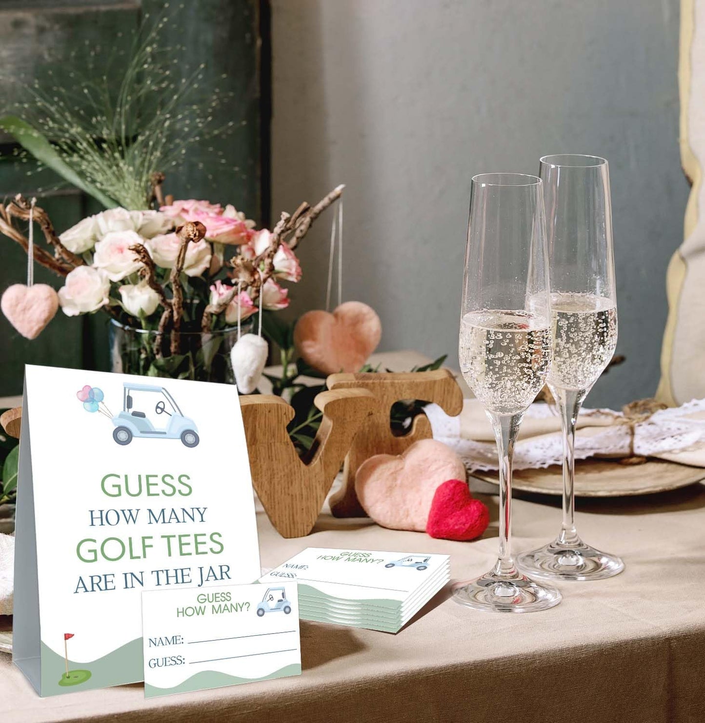 GOLF Brithday Decorations, Guess How Many Golf Tees Are in the Jar, Suite for Birthday Party Bridal Shower Wedding Activit, 50 Cards and Sign