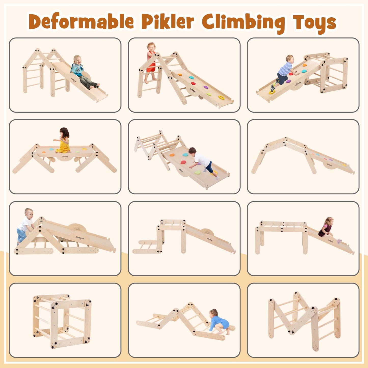 INFANS 12 in 1 Climbing Toys for Toddlers, Upgrade Wooden Montessori Foldable Triangle Climber Set with Reversible Ramp Slide Ladder Seesaw, Indoor Pikler Climb Activity Jungle for Kids Age 3+