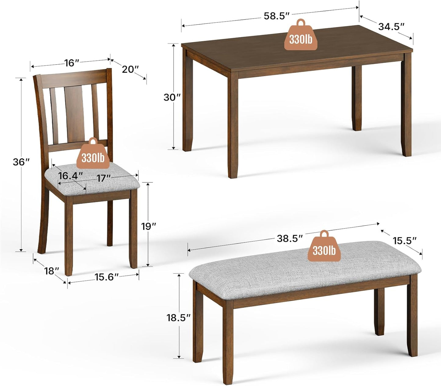 6-Piece Wooden Dining Set, Dining Table & Chair Set for 6, Includes Dining Table, 4 Upholstered Chairs & 1 Bench, Dining Table with Wood Legs, Table Set for Dining Room, Kitchen, Walnut