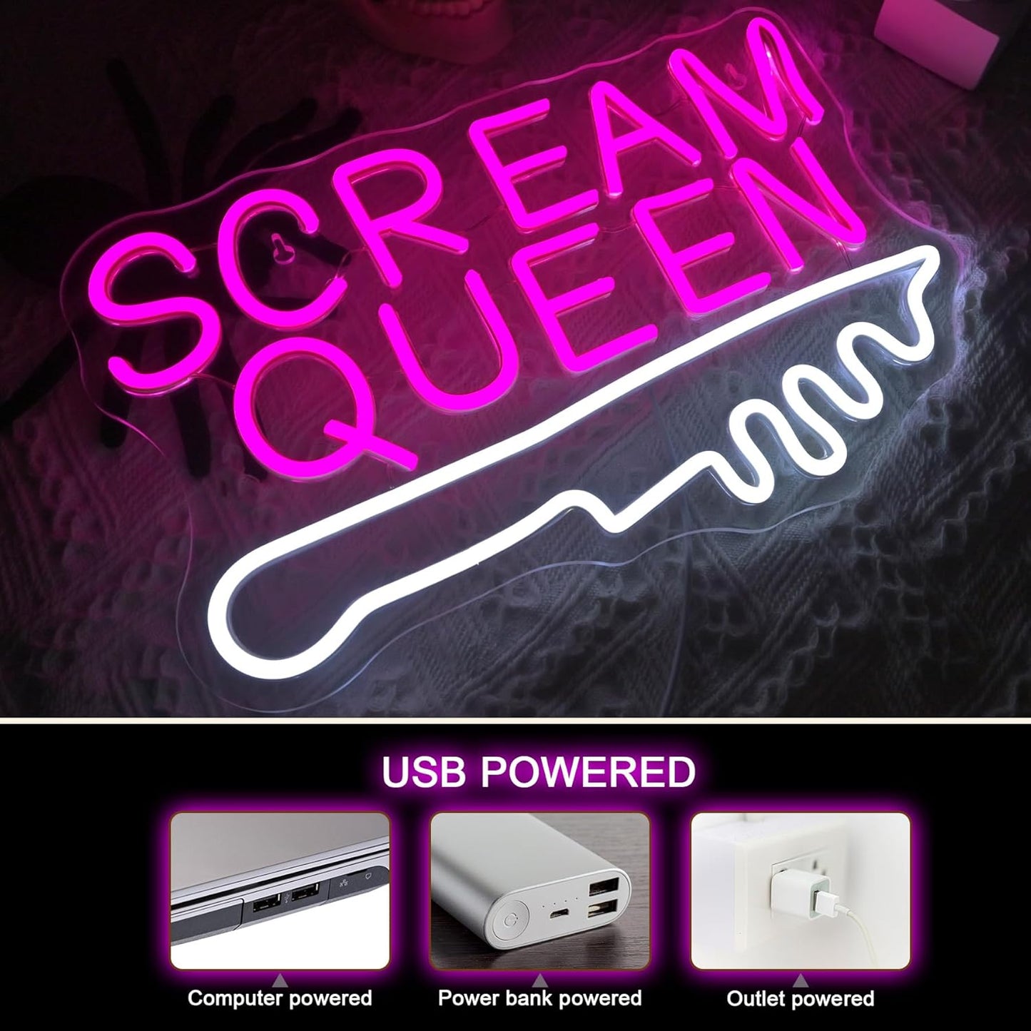 NOSUN Scream Queen Neon Sign for Wall Decor Dimmable Neon Knife Sign LED Light Sign for Teen Girl Boy Child Letter Pink Neon Sign Room Dorm Art Wall Decor