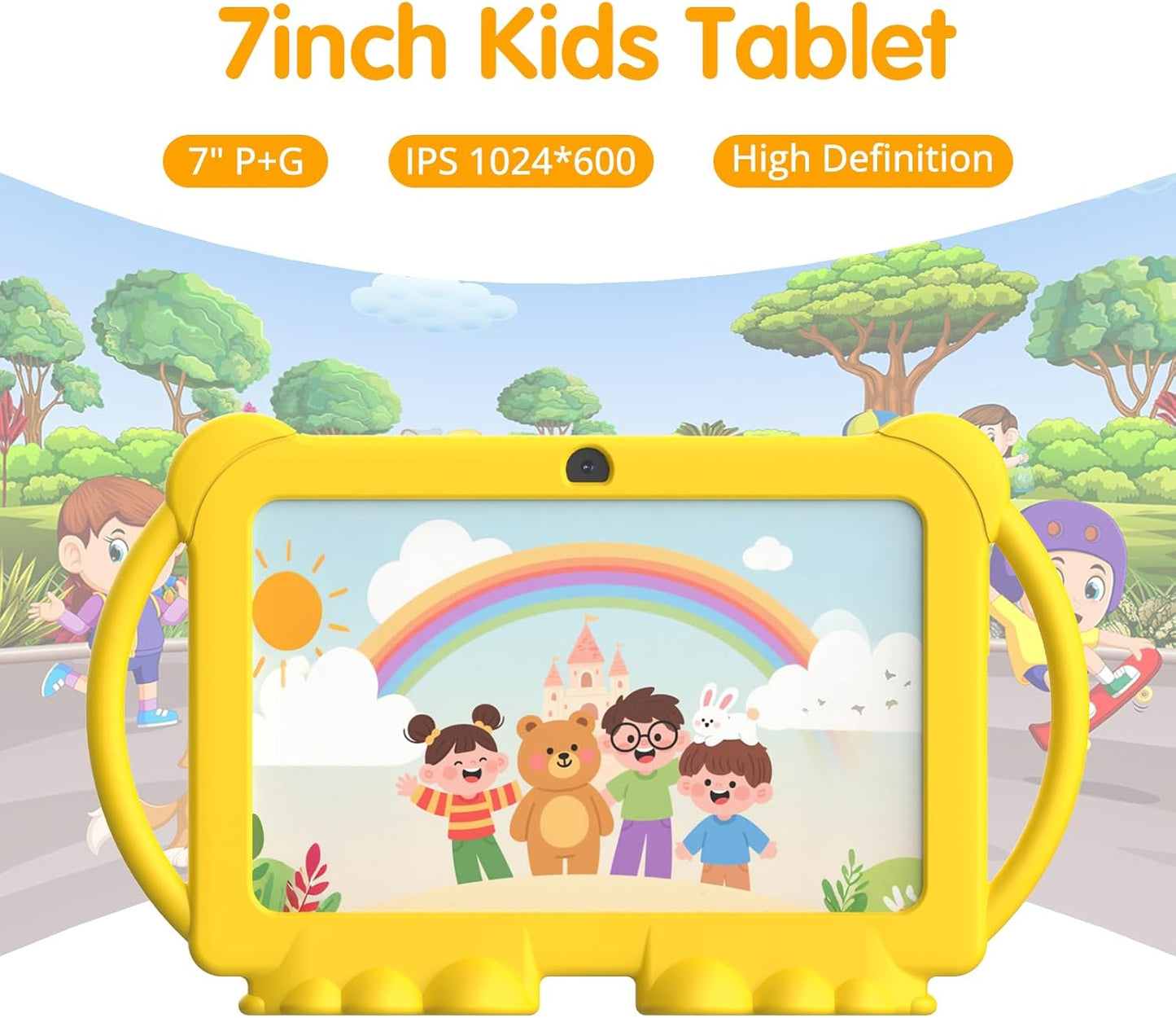 Kids Tablet 7 inch Android 12.0 for Toddler, 4GB RAM 32GB ROM Bluetooth IPS Screen Parental Control Dual Camera Shockproof Case for Educational Games (Yellow)