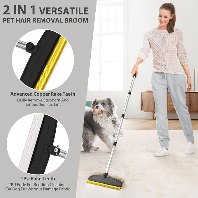 BALORAY Carpet Rake for Pet Hair Removal: 60" Adjustable Long Handle Pet Hair Removel Tool, 2 in 1 TPU and Copper Pet Hair Remover Broom, Reusable Cat Dog Hair Remover Carpet Scraper (Black)