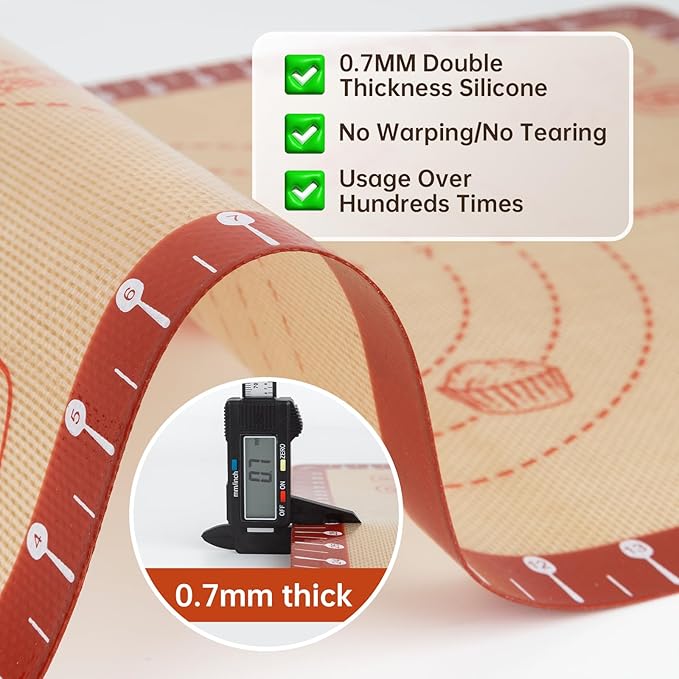 Extra Thick Silicone Mat for Baking, Silicone Baking Mat with 10 Easy Recipes, Non Stick Silicone Pastry Mat, kneading Dough Rolling Mat, Macaron, Cookie, bread, Pizza, Fondant/Pie Crust
