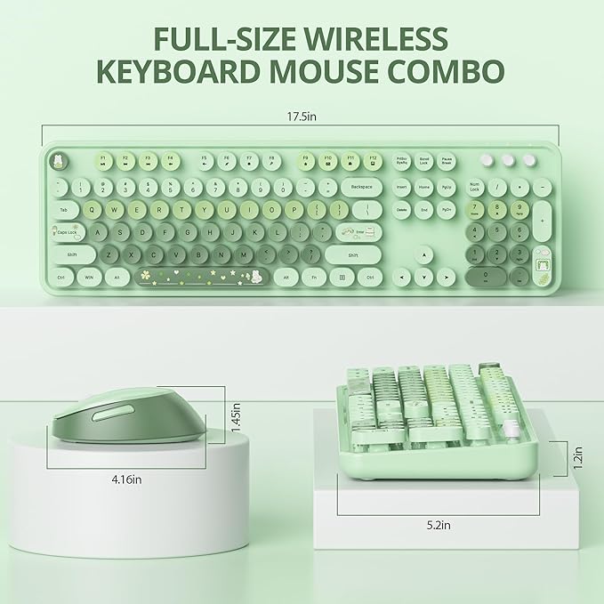 Owpkeenthy Colorful Green Keyboard and Mouse Wireless, 2.4G Retro Typewriter Aesthetic Cute Computer Keyboard Full-Size with Number Pad (Colorful Green)