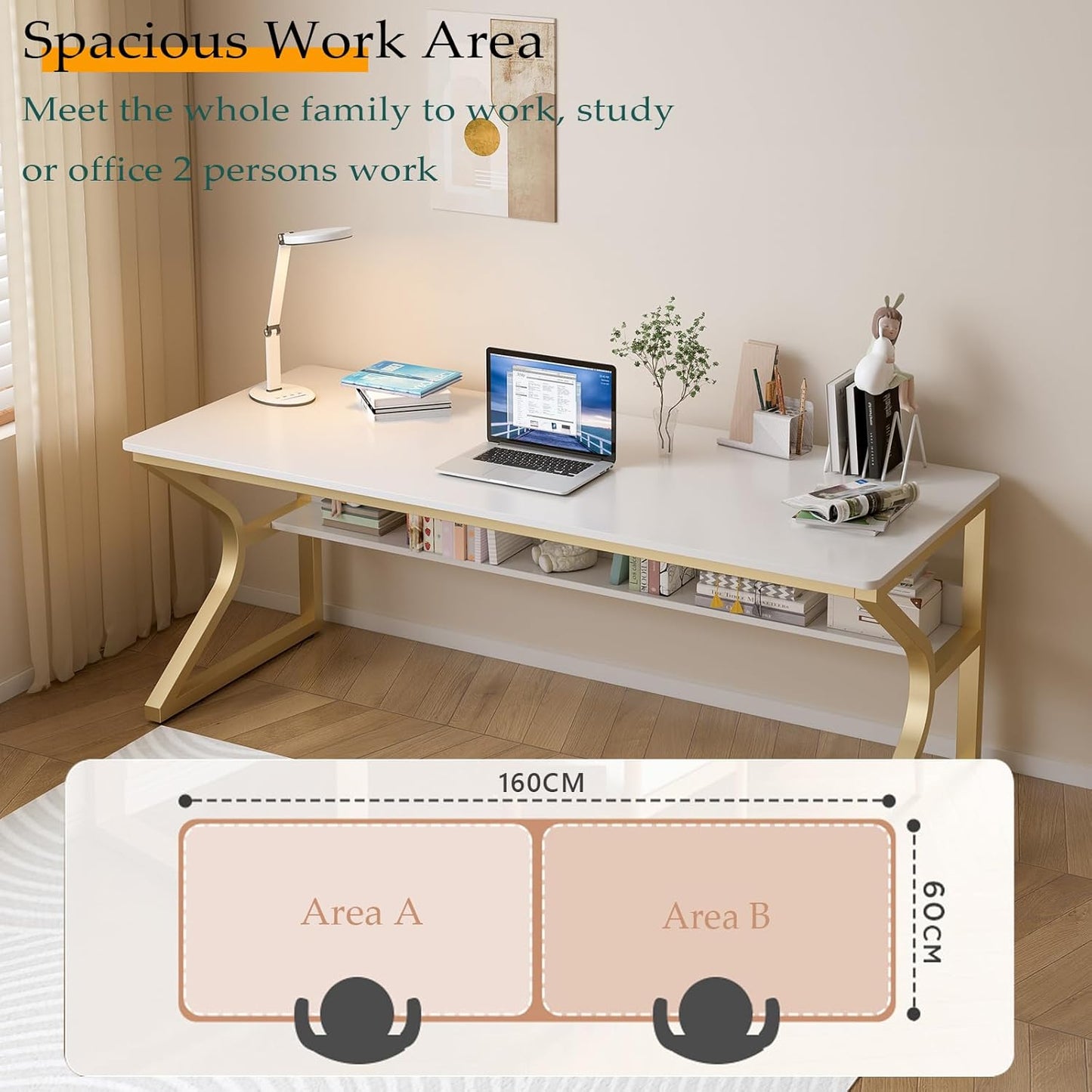 Extra Long Desk with Bookshelf - 63" Double Long Writing Table for 2-Person Workstation, Modern Study Work Computer Desk for Home and Office, Gold