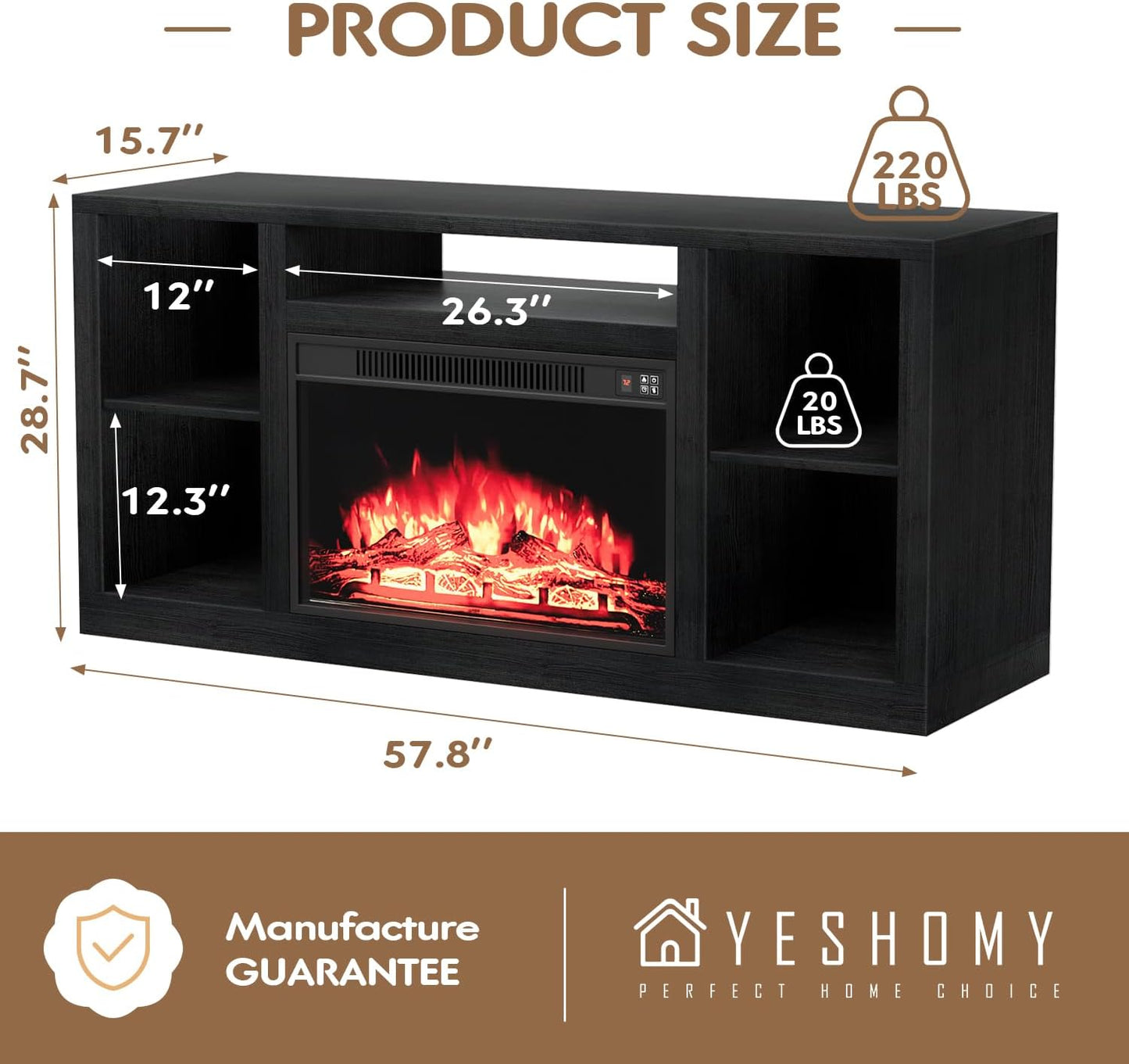 YESHOMY Electric Fireplace TV Stand for Televisions up to 65+ Inch, Media Entertainment Center Console Table with Four Open Storage Shelves & Cabinets, 58 Inch, Dark Black