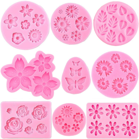 Flower Silicone Molds,9pcs Rose Leaf Daisy Sunflower Chrysanthemum Small Flowers Fondant Molds Polymer Clay Mould Candy Chocolate Molds for Cupcake Cake Pop Puck Decoration DIY Crafts