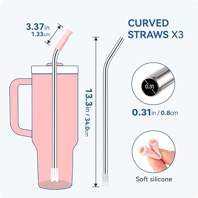 Reusable Stainless Steel Straws with Silicone Tip for Stanley 40oz, Metal Drinking Straws for 40oz Tumbler,3 Bent Tubes & 6 Tips& 1 Cleanr Brush (Tropical Teal)