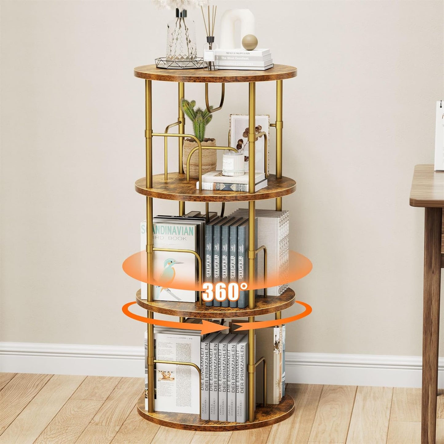 Rotating Bookshelf, 3 Tier Round Revolving Bookcase with Special Visible Partition Storage, 360° Display Spinning Bookshelf Tower Storage Organizer Rack for Bedroom, Living Room, Small Space, Gold