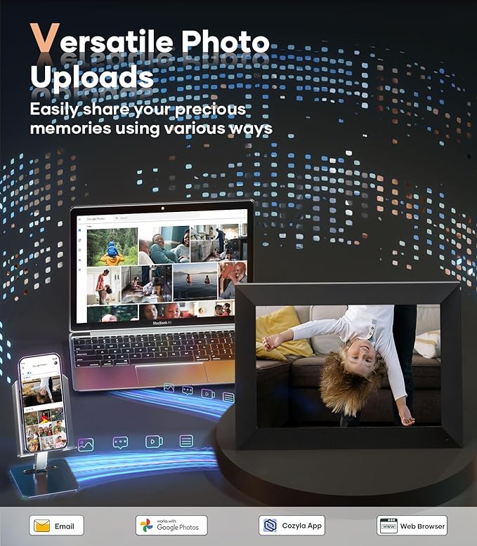 Cozyla 10.1'' WiFi Digital Picture Frame AI-Enhanced Free Unlimited Storage Auto-Rotate Share Photo＆Video via Apps from Phone Smart Digital Photo Frame Electric Picture Frame Slideshow Display Black