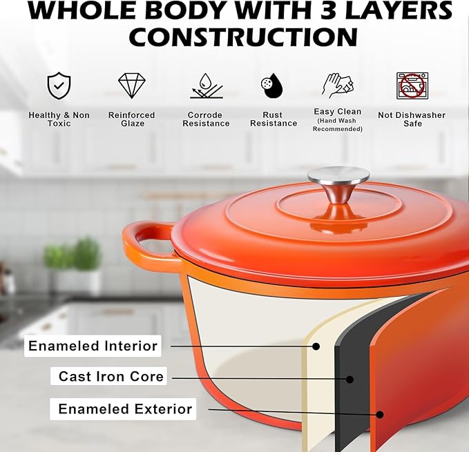 TeamFar Enameled Cast Iron Dutch Oven, 6QT Nonstick Dutch Oven Pot with Lid & Dual Handles for Bread Baking Braising Simmer Roasting, Non Toxic & Heavy Duty, Multi Stoves & Oven Safe - Orange