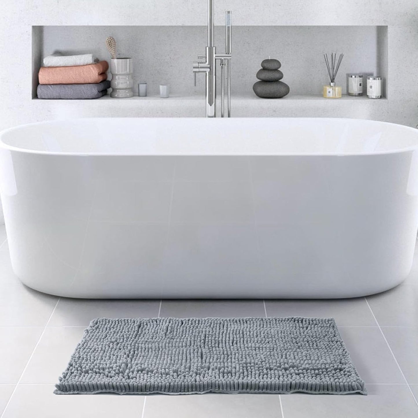 FRESHMINT Chenille Bathroom Rugs Non-Slip Bath Mat 32"x20", Washable Soft Shower Mat, for Bathroom Floor & Tub Fluffy Shag Bath Rugs, Durable Thick Water Absorbent Microfiber Shower Rugs, Sky Gray