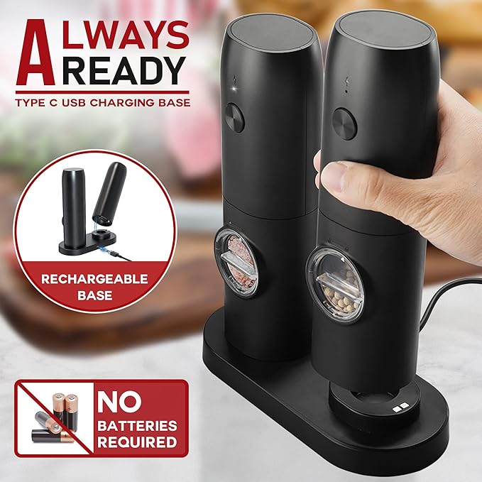 Electric Salt and Pepper Grinder Set of 2, Automatic Pepper Mill,USB Rechargeable, Adjustable Coarseness, One-handed Operation, Ceramic Burr, Refillable, Auto Grinders with Charging Base LED Light