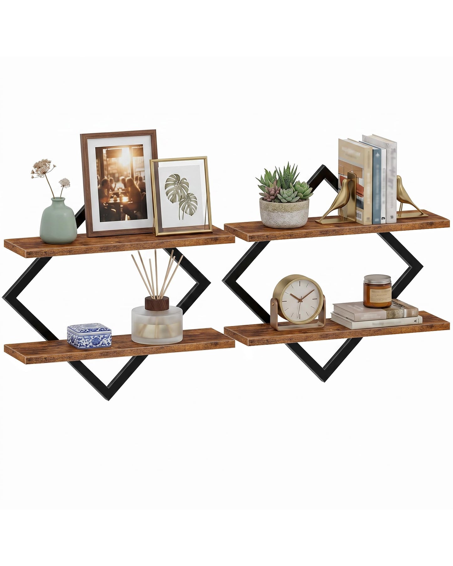 CHOEZON Floating Shelves, Set of 2 Wall Shelves, 2-Tier Hanging Shelves, Wall Shelf Set of 2, Wall Mounted Shelves, for Living Room, Bedroom, Kitchen, Office, Study, Rustic Brown TBJ01P2BF