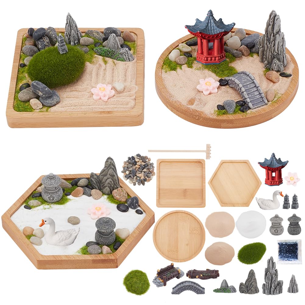 WEBEEDY 3 Sets Mini Zen Garden Kit Sand Tray Kit Japanese Sand Garden for Desktop with Bamboo Tray,Mini Rock Garden Gift Set for Home Office Desk Beautiful Japanese Decor Relaxation Meditation