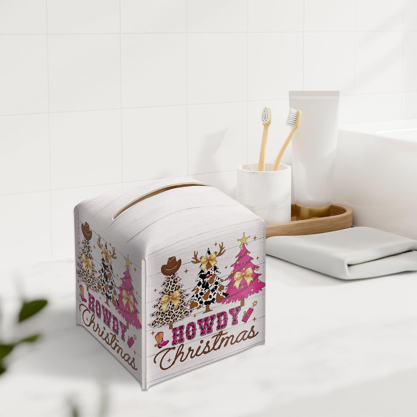 Christmas Tissue Box Holder, Pink Western Cowboy Christmas Trees Leather Tissue Box Cover Square, Coquette Xmas Bow Paper Facial Decorative Tissues Cover for Bathroom Office Home Decor-B04