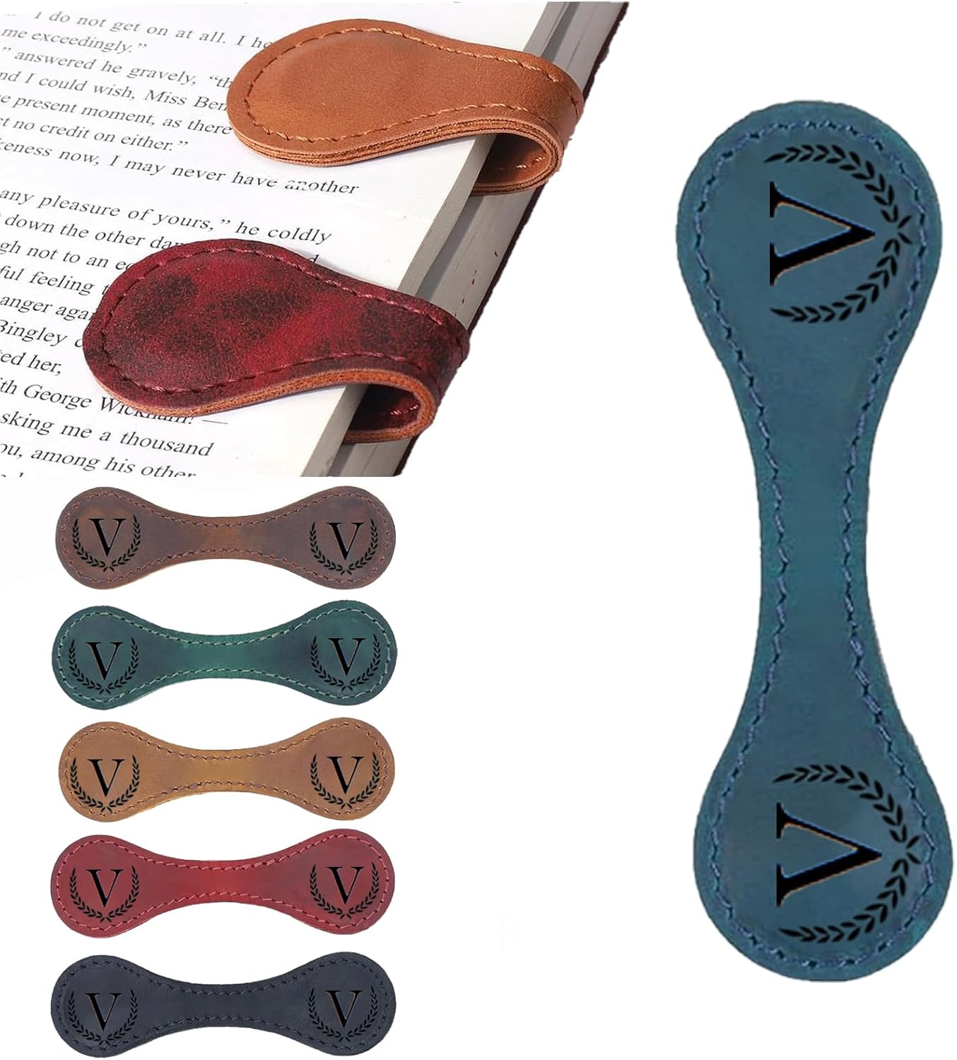Personalized Magnetic Leather Bookmark, 26 Letters Custom Leather Bookmarks, Handmade, Leather Magnetic Bookmark for Book Lovers Readers Women Kid(Blue，V）