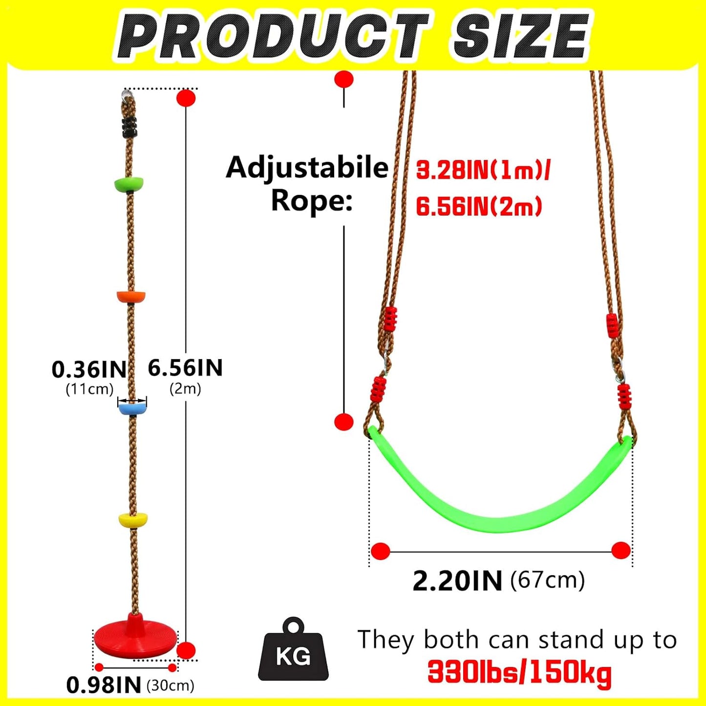 Tree Swing Climbing Rope 2 Pack Multicolor with Platforms Red Disc Swings Seat - Outdoor Playground Set Accessories Tree House Flying Saucer Outside Toys - Bonus Carabiner and 4 Feet Strap