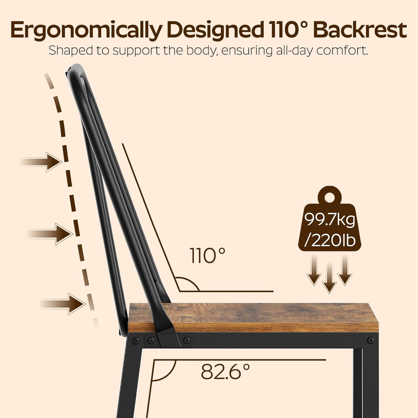 Dining Chairs Set of 6, Wooden Kitchen Chairs, Farmhouse Dining Chairs with Back Support, for Living Room, Kitchen, Rustic Brown and Black CY01L6BR