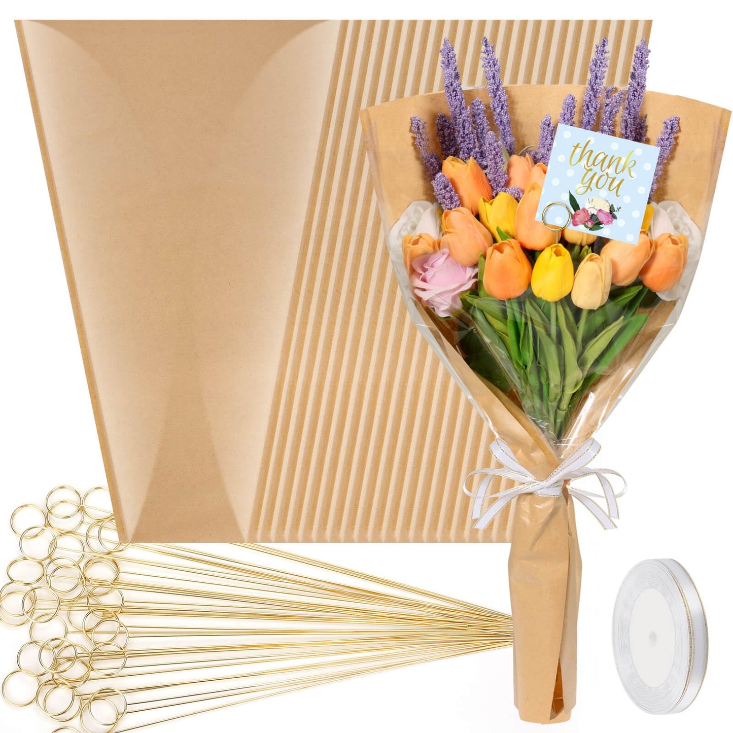 cridoz 50 PCS Flower Wrapping Paper Sleeves for Bouquets with 50 PCS Floral Card Holder Picks and Ribbons, Kraft Bouquet Bags for Flower Bar, Mother's Day, Graduation, Valentine, 22 x 14 Inches
