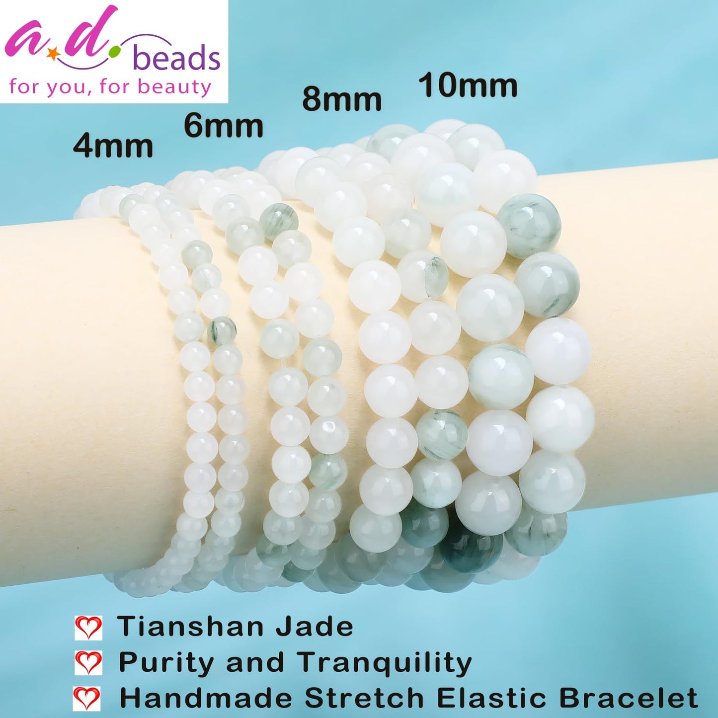 AD Beads 4mm Handmade Tianshan Jade Elastic Bracelet Natural Gemstone for Purity and Tranquility Meditation, Yoga, Healing and Energy Gift for Men Women