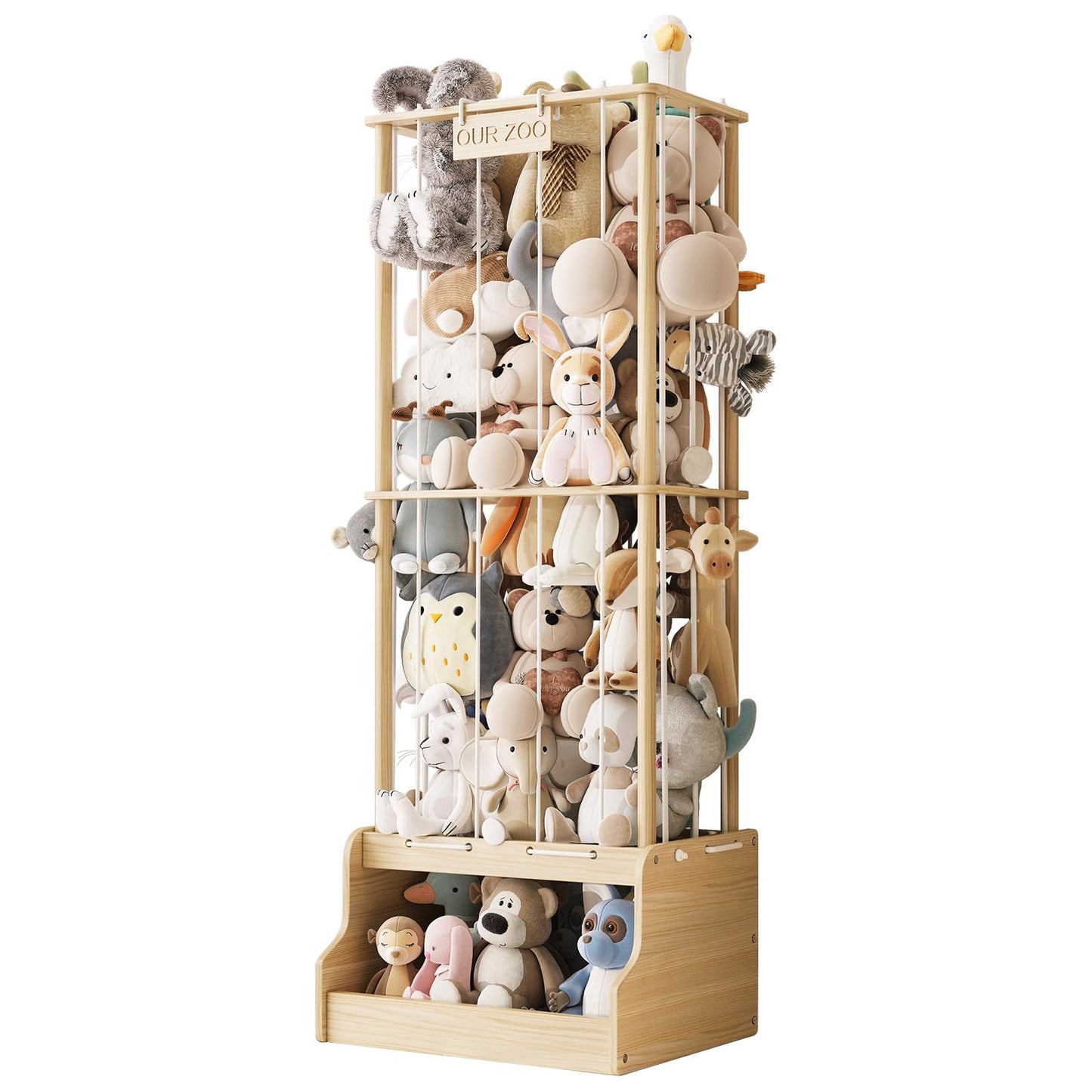 EXPERLAM Stuffed Animal Storage, Wood Stuffed Animal Zoo with Toy Chest, Vertical Stuffed Animal Holder with Thicker Elastic Band, Plushies Storage for Playroom, Living Room, Nurseryroom, Bedroom