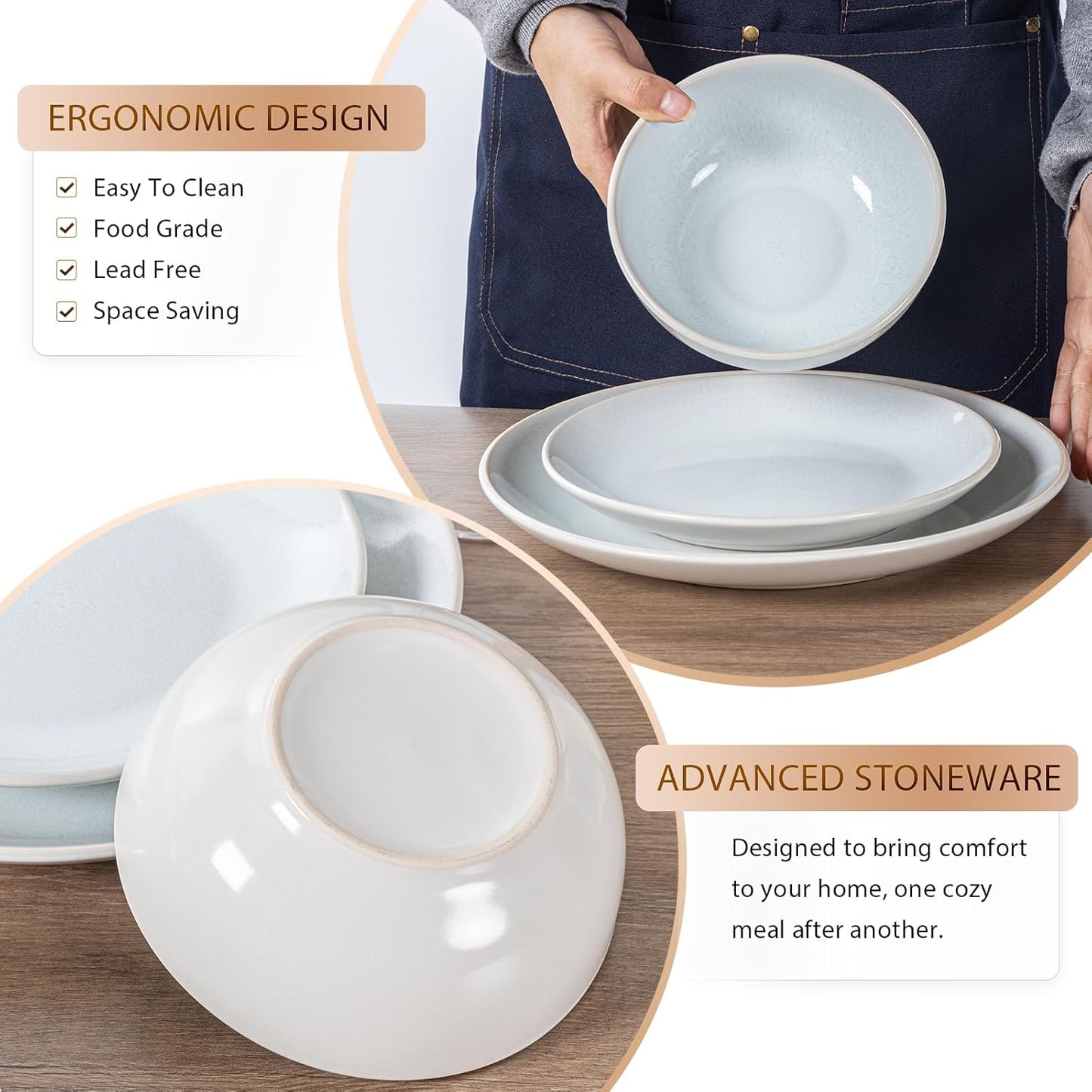 Plates and Bowls Sets for 4 - CJDC-QUELO 16-Piece Stoneware Dinnerware Sets, Ceramic Dishware Set for Kitchen Use and Formal Dining, Chip and Scratch Resistant Microwave Dishwasher Safe, Off White