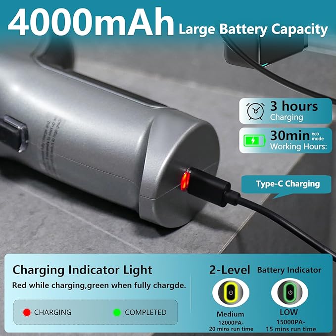 Cordless Handheld Vacuum Cleaner - 15,000PA Powerful Suction, Brushless Motor Car Vacuum for Pets Hair, Portable Cleaner for Cars/Home/Office