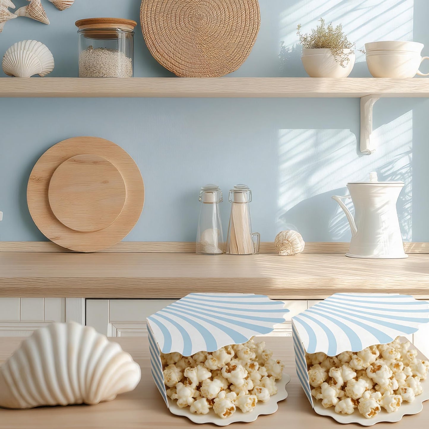 LemonRoad 24 Pcs Scalloped Blue Striped Popcorn Boxes Shell Last Toast on the Coast Party Favor Blue Seashell Treat Boxes for Coastal Beach Mermaid Themed Supplies Ocean Under the Sea Party Favors