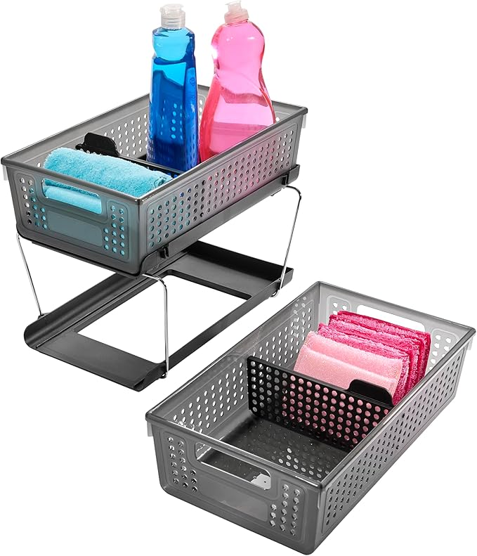 madesmart 2-Tier Organizer, Multi-Purpose Slide-Out Storage with Handles and Dividers for Home and Bath, Easy Assembly, BPA Free, Carbon