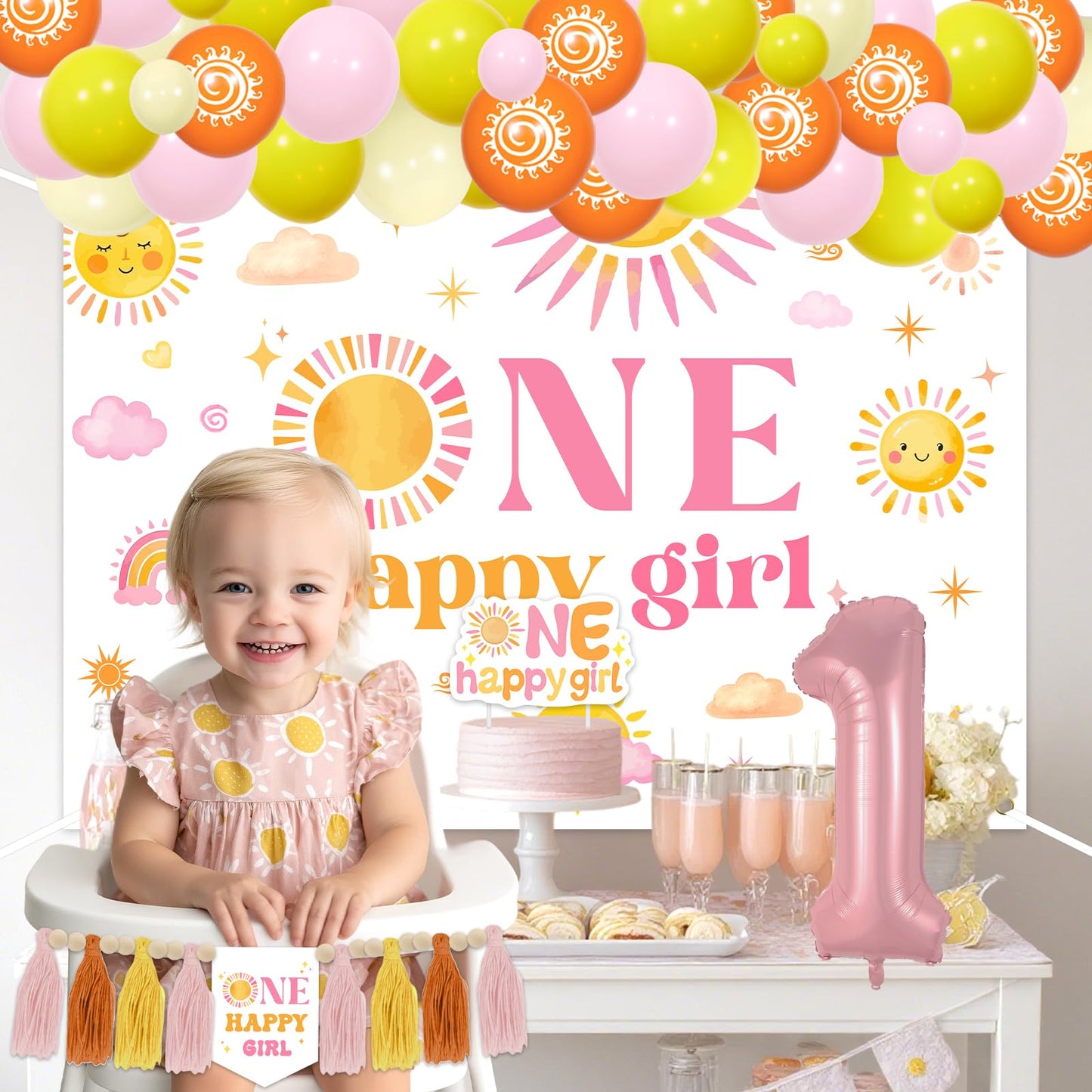 One Happy Girl Birthday Decorations Backdrop Sunshine 1st Birthday Highchair Banner Cake Cupcake Toppers Boho Sun Theme Balloon Garland Arch Kit for Girls Groovy Retro First Trip Around the Sun Party