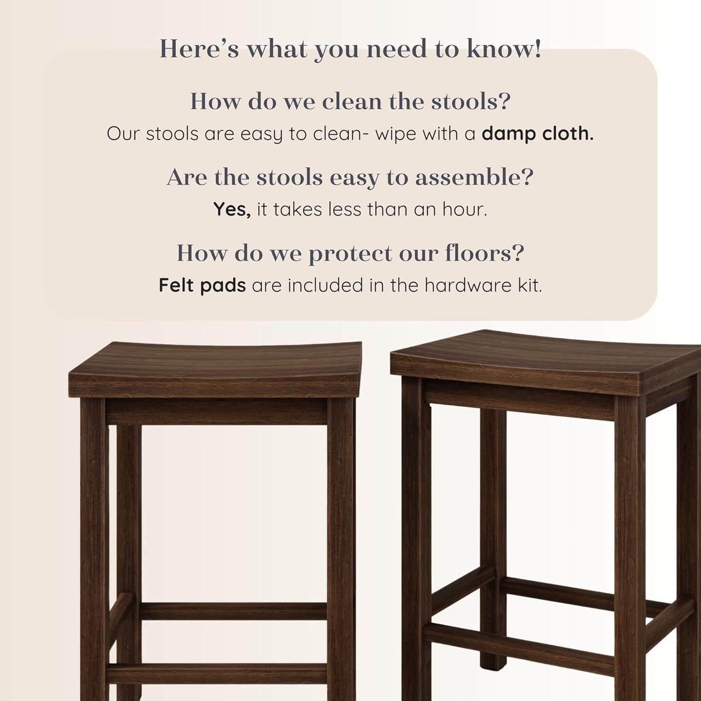 Grain & Grove Smith Collection Set of 2 Solid Wood Counter Height Bar Stools, 24-Inch Saddle Seat Backless Stools, Ideal for Kitchen Island, Dining, or Home Bar Seating, Walnut