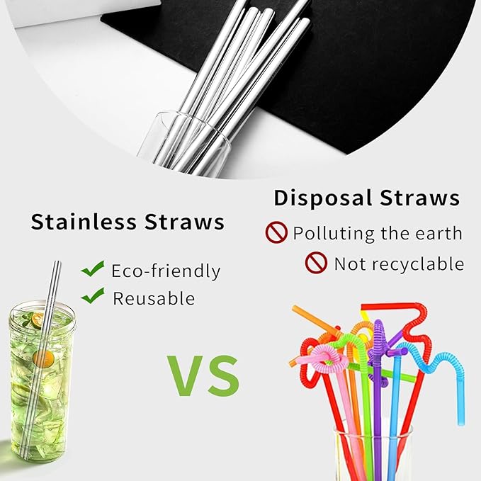 Lazycorner 5 Pcs Stainless Steel Smoothie Straws, 0.4'' Extra Wide Reusable Metal Drinking Straws for Milkshake, Smoothie, Beverage, Set of 5 with 2 Cleaning Brush