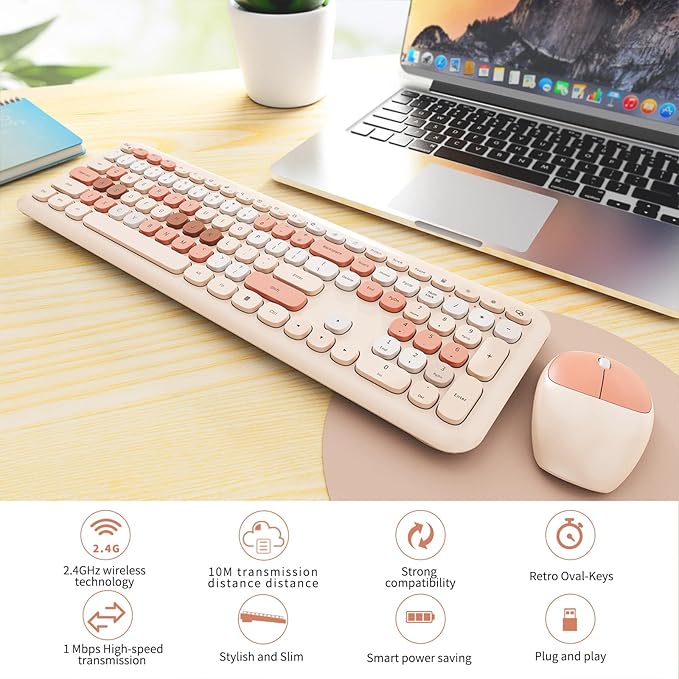 Wireless Keyboard and Mouse Combo, Colorful Ergonomic Full Size Retro Low-Noise Keyboard with Cute keycaps, Compatible with Windows, PC, Perfer for Home and Office Keyboards (Brown)