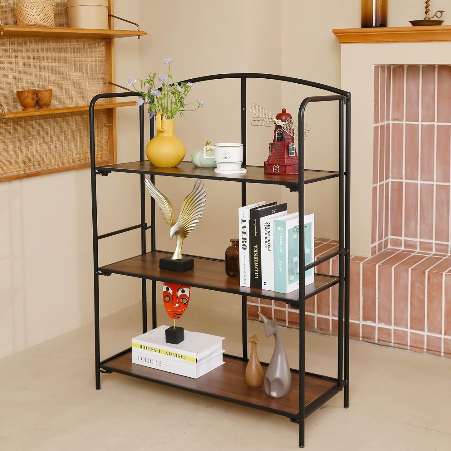 Crofy No Assembly Folding Bookshelf for Living Room, 3 Tier Black Collapsible Book Shelf for Home Office, Portable Bookcase Storage Organizer